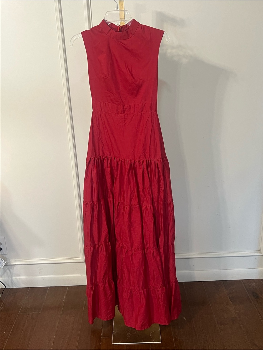 Sleeveless Crimson Maxi Dress with High Neck and Tiered Skirt